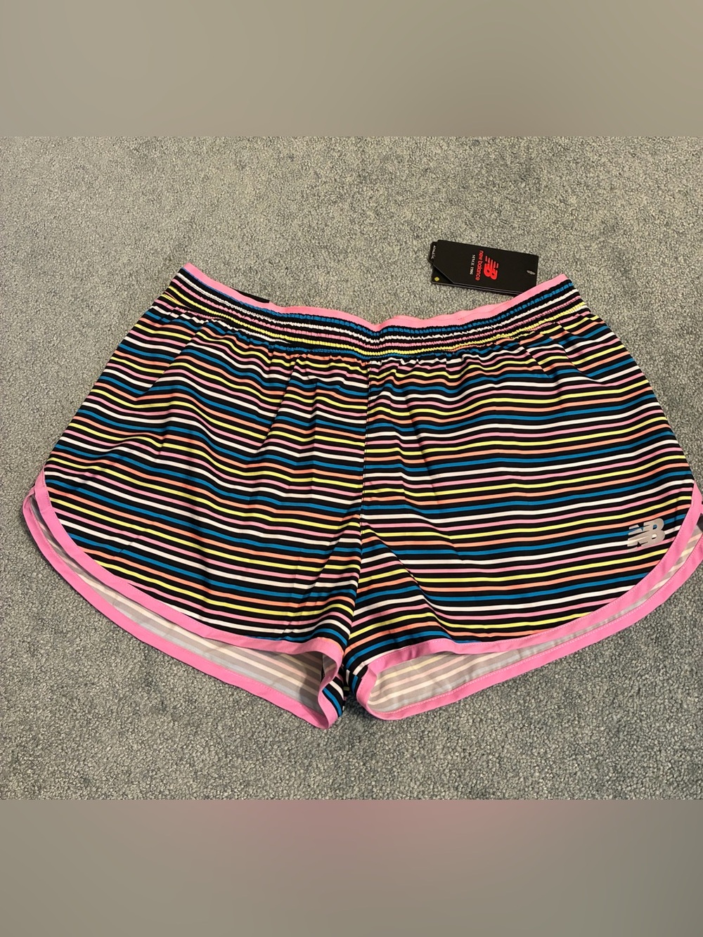 New Balance Women’s Pink-Trim Multi-Stripe Athletic Shorts